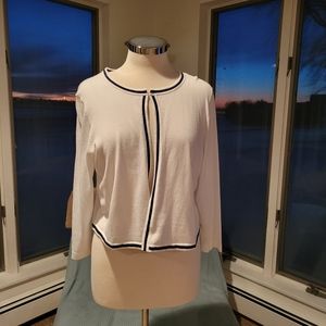 Talbots Lightweight White Crop Sweater w/Navy Trim. Open Front NWT Sz Plus X